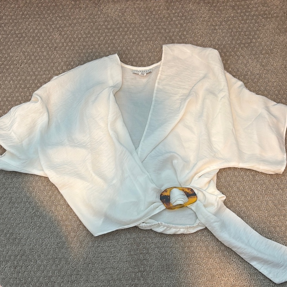 Topshop White Wrap Top with Yellow Accent- sheer with cinched waist